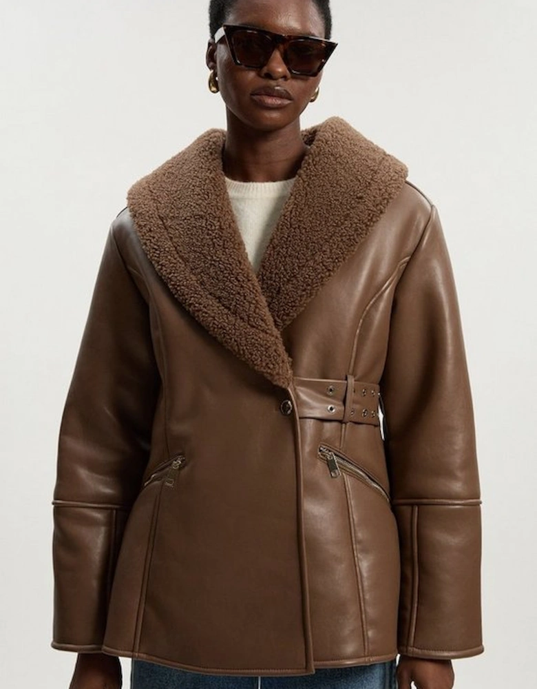 Faux Leather Bonded Waisted Peplum Coat