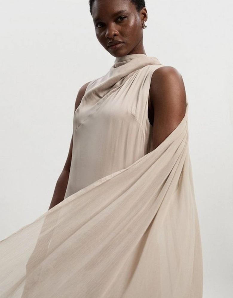 Satin Drape Georgette Cape Detail Midi Dress
