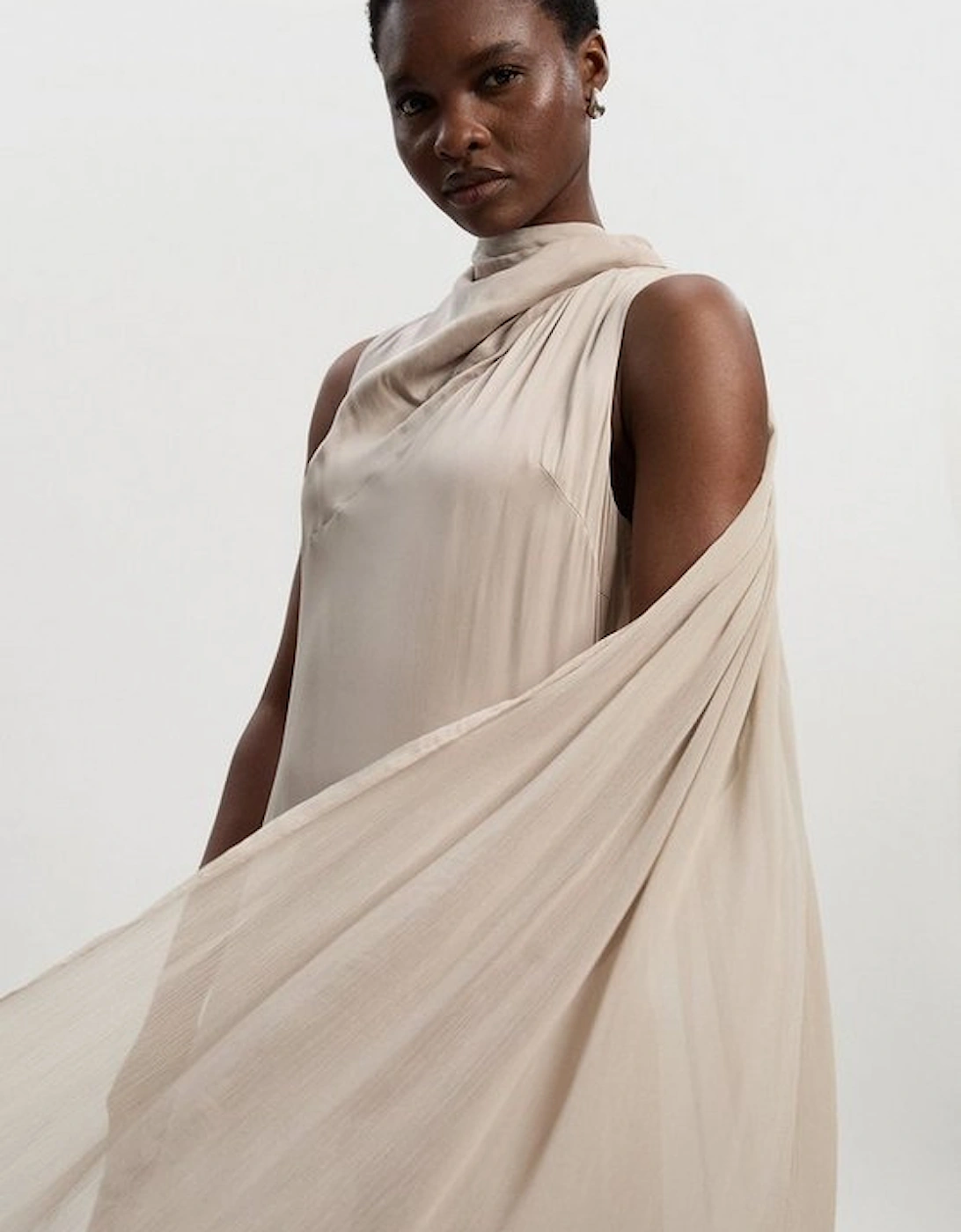 Satin Drape Georgette Cape Detail Midi Dress, 2 of 1