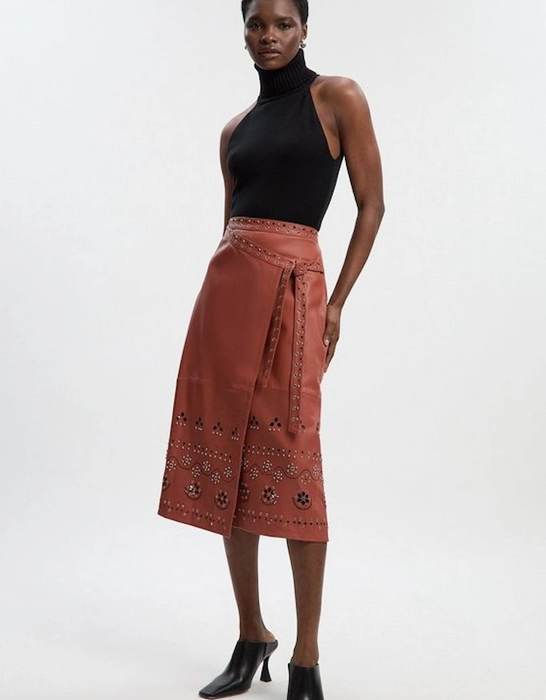 Leather Cut Work & Studded Wrap Pencil Skirt, 2 of 1