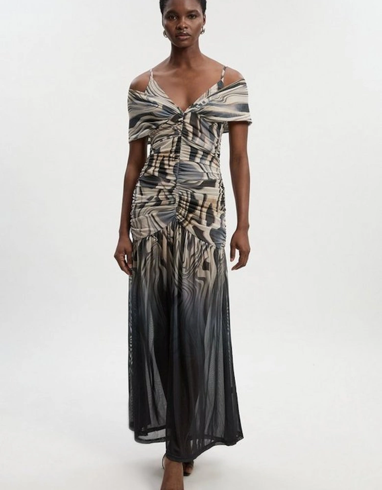 Petite Marble Print Mesh Plunge Strappy Detail Maxi Dress