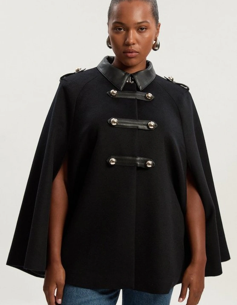 Plus Size Brushed Wool PU Mix Tailored Cape Short Coat