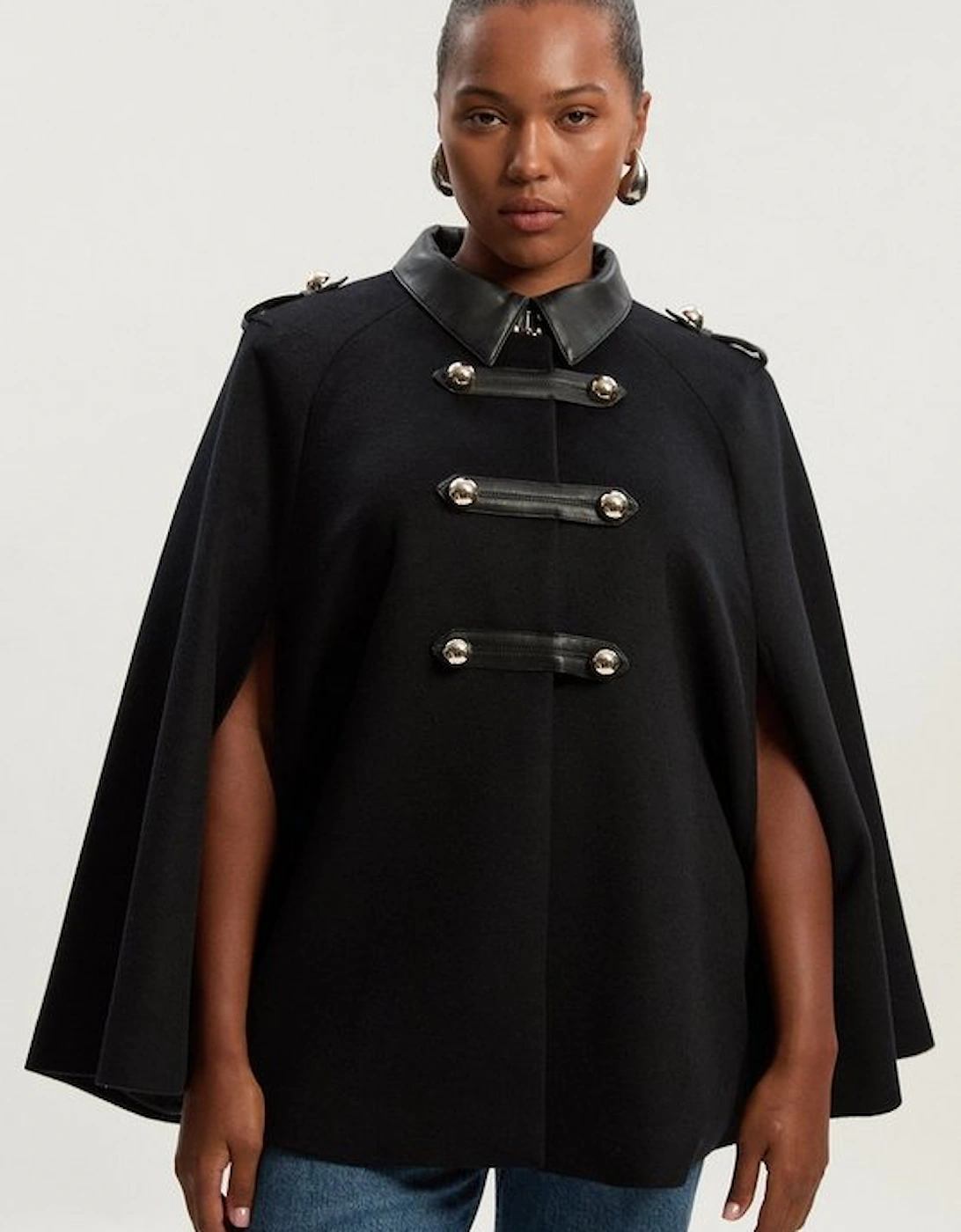 Plus Size Brushed Wool PU Mix Tailored Cape Short Coat, 2 of 1