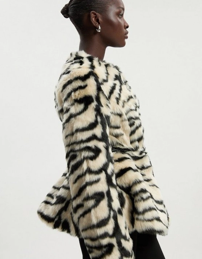 Faux Fur Zebra Collarless Coat