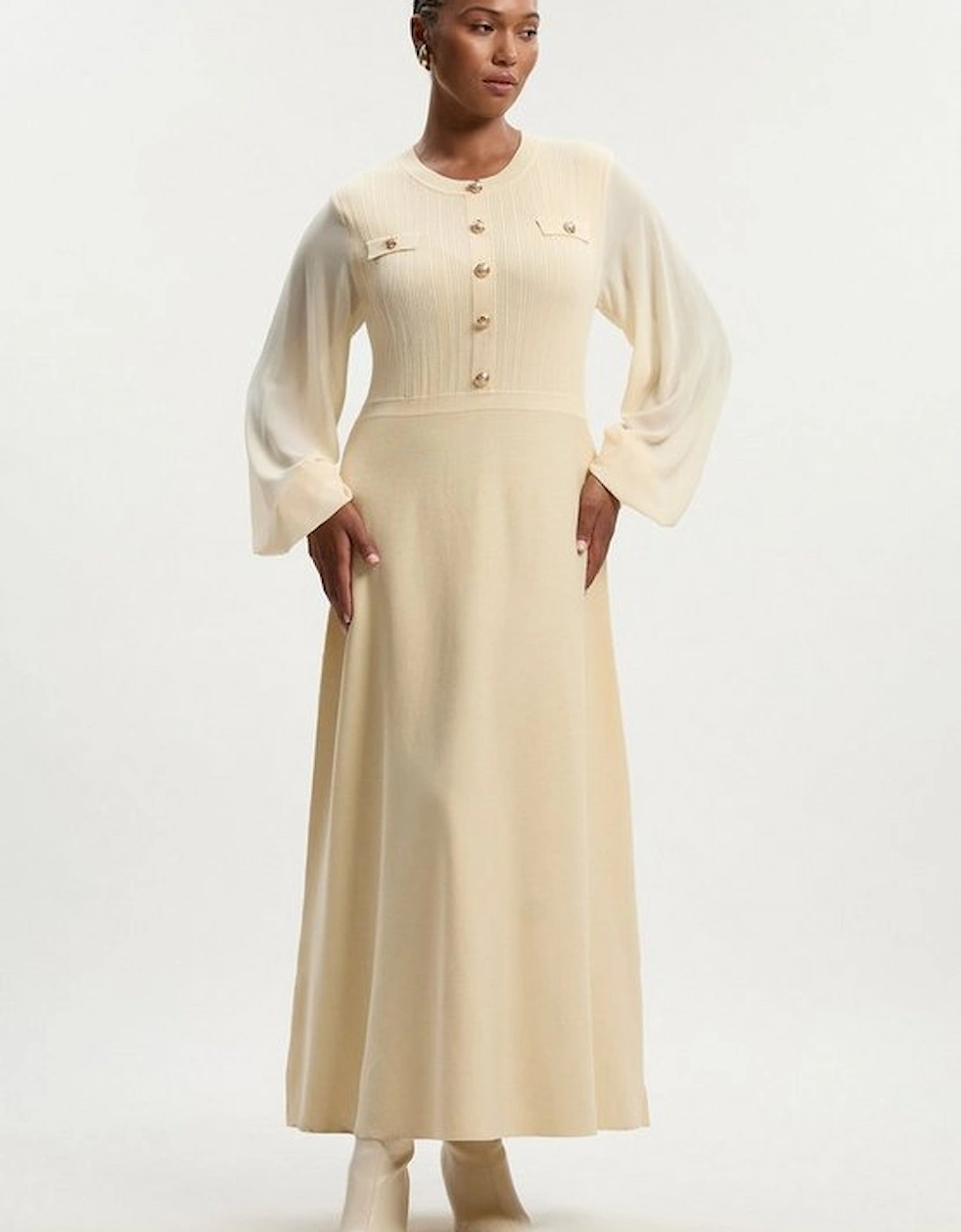 Plus Size Viscose Blend Maxi Knit Dress With Chiffon Sleeve Military Trim, 2 of 1