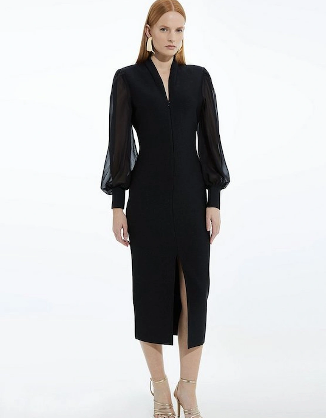 Petite Figure Bandage Figure Form Zip Detail Chiffon Sleeve Knit Dress, 2 of 1