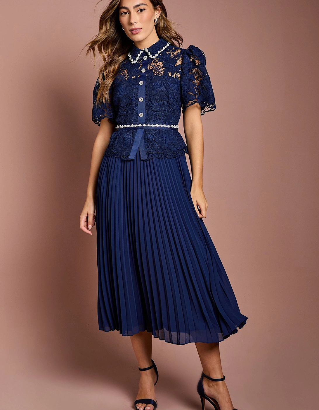 Lace Top Pleat Skirt Jewel Button Dress, 2 of 1