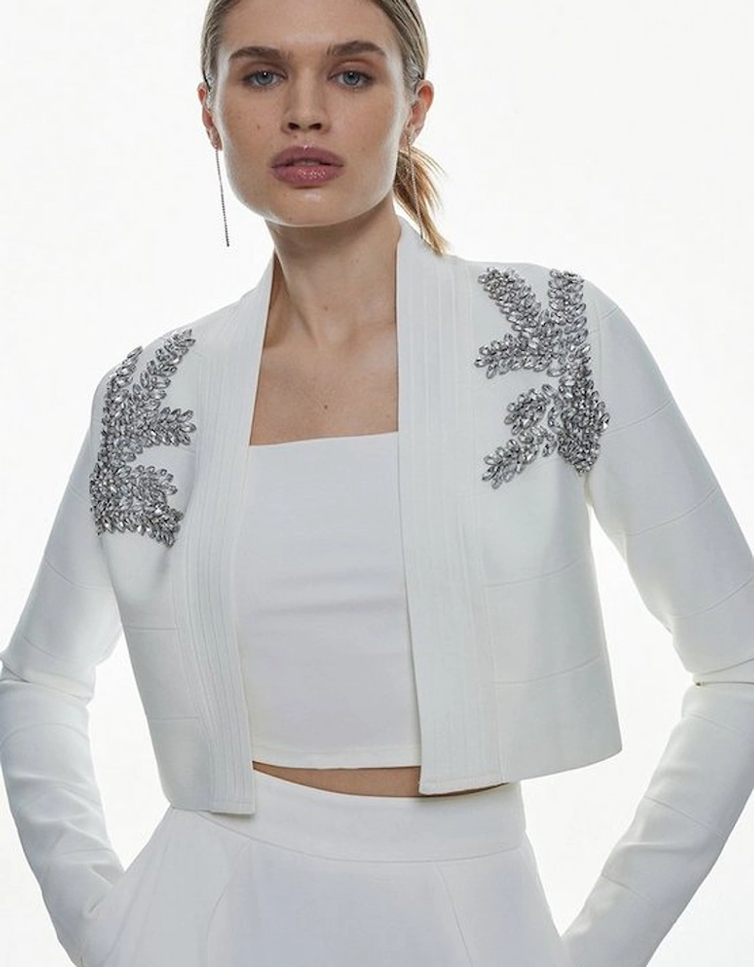 Figure Form Bandage Embellished Feather Cuff Crop Knit Jacket, 2 of 1