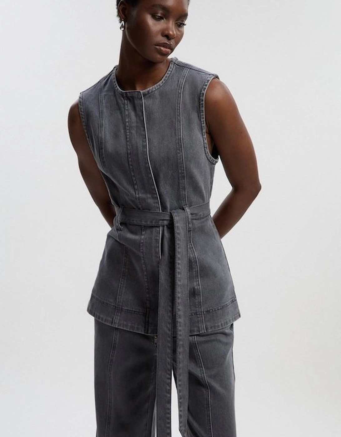 Denim Sleeveless Belted Jacket, 2 of 1
