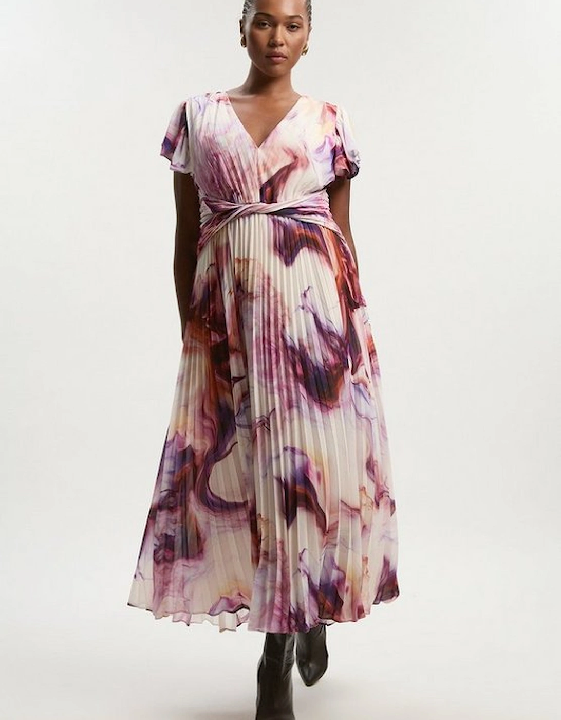 Plus Size Marble Soft Pleated V Neck Woven Maxi Dress, 2 of 1