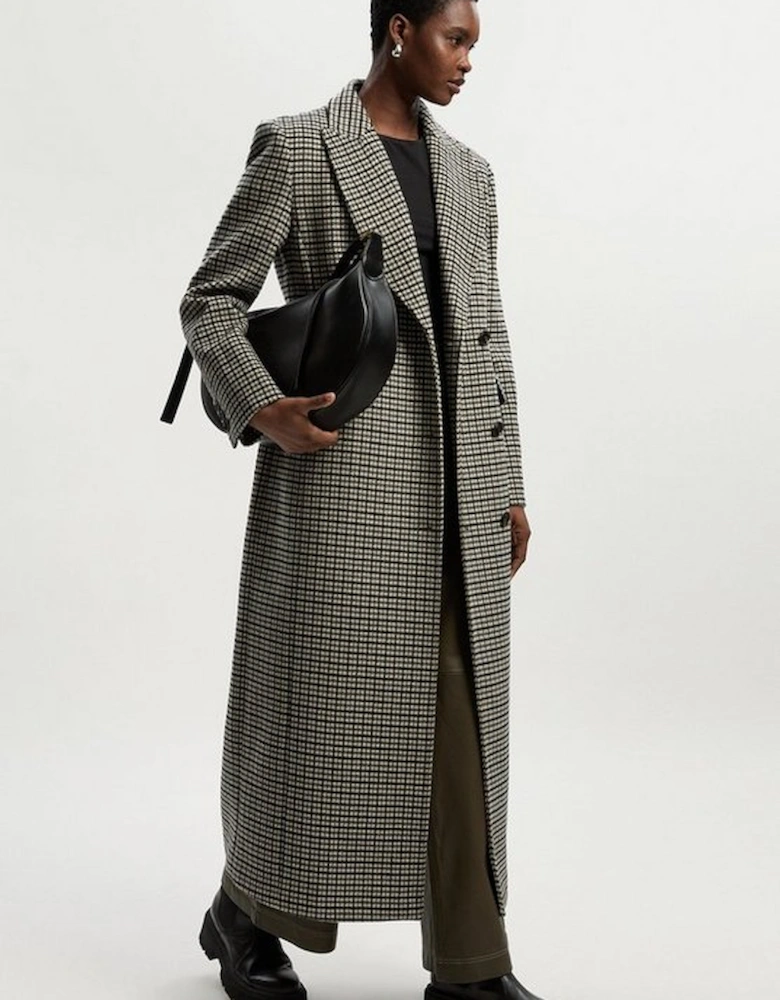 Wool Blend Houndstooth Tailored Fitted Maxi Coat