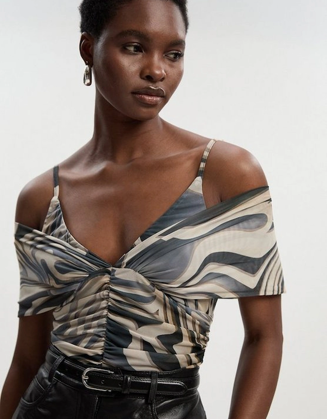 Marble Print Mesh Plunge Strappy Detail Bodysuit, 2 of 1