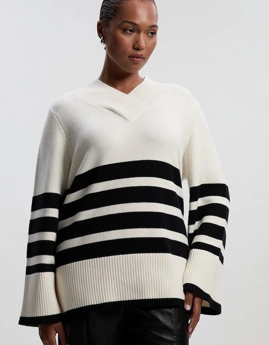 Plus Size Stripe V Neck Split Hem Knitted Jumper, 2 of 1