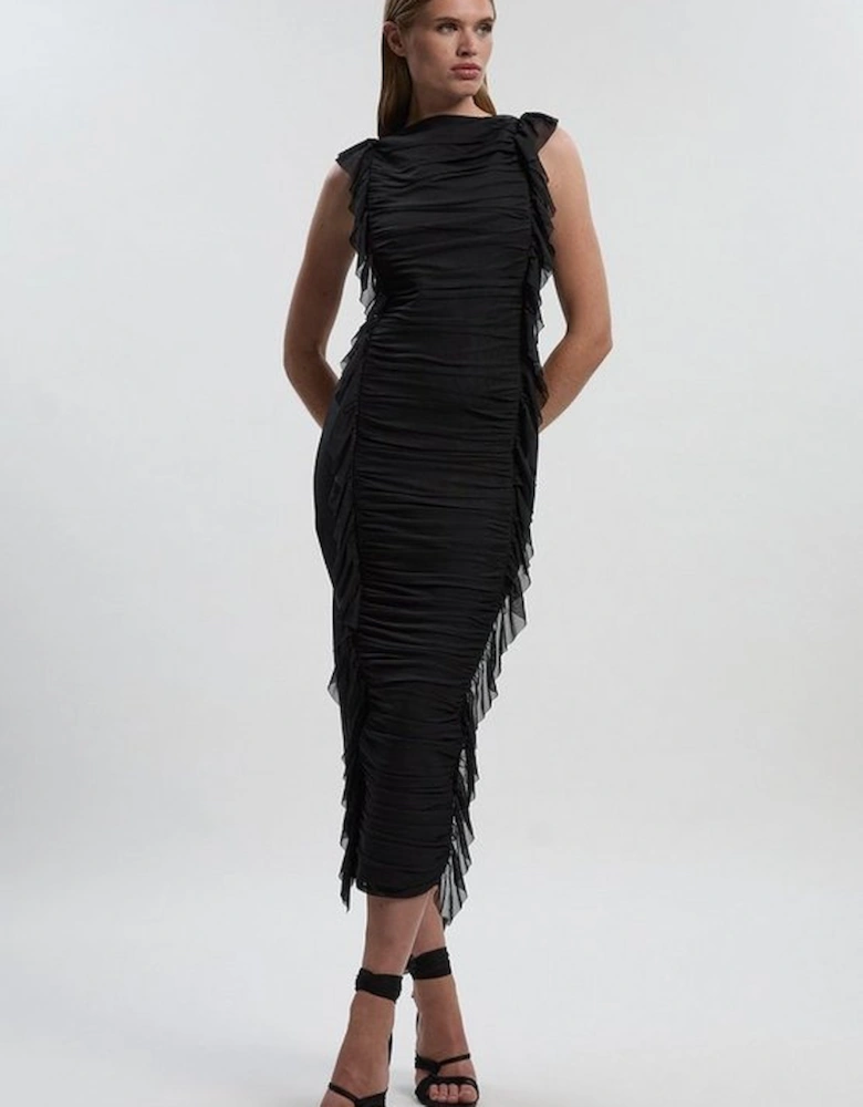 Bandage Mesh Gathered Ruffle Knitted Maxi Dress