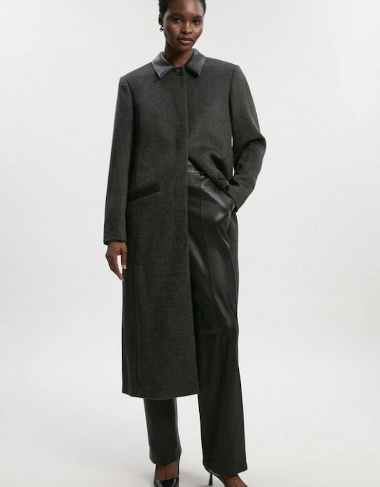 Brushed Wool Check Pu Mix Tailored Midi Coat