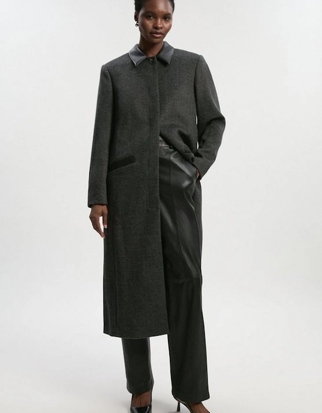 Brushed Wool Check Pu Mix Tailored Midi Coat, 2 of 1
