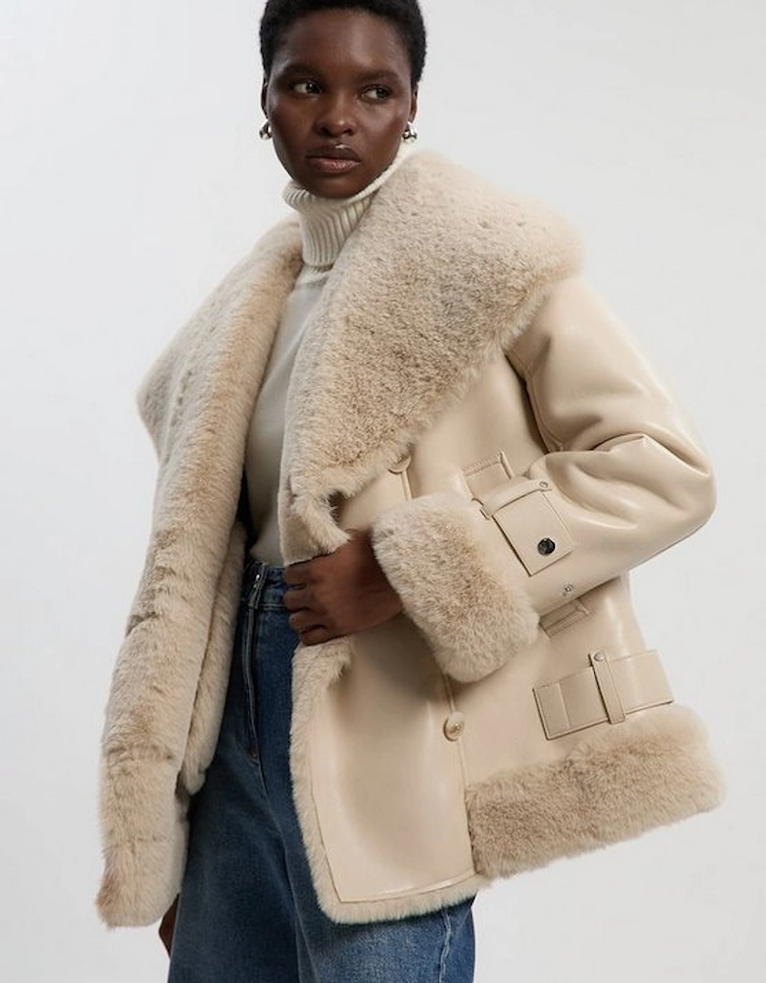Faux Shearling Oversize Collar Short Coat, 2 of 1