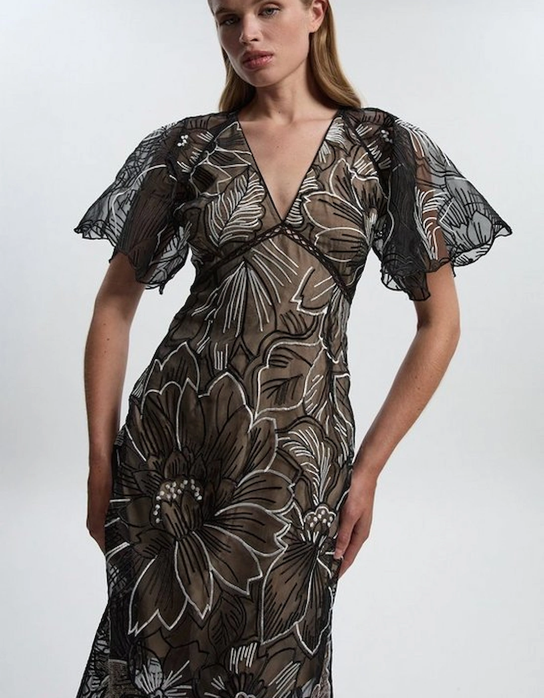 Hand Embroidered And Sequin Organdie Deep V Woven Maxi Dress, 4 of 3