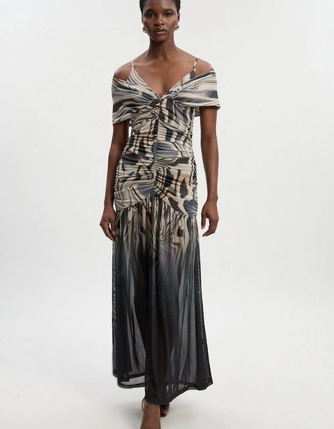 Marble Print Mesh Plunge Strappy Detail Maxi Dress, 2 of 1