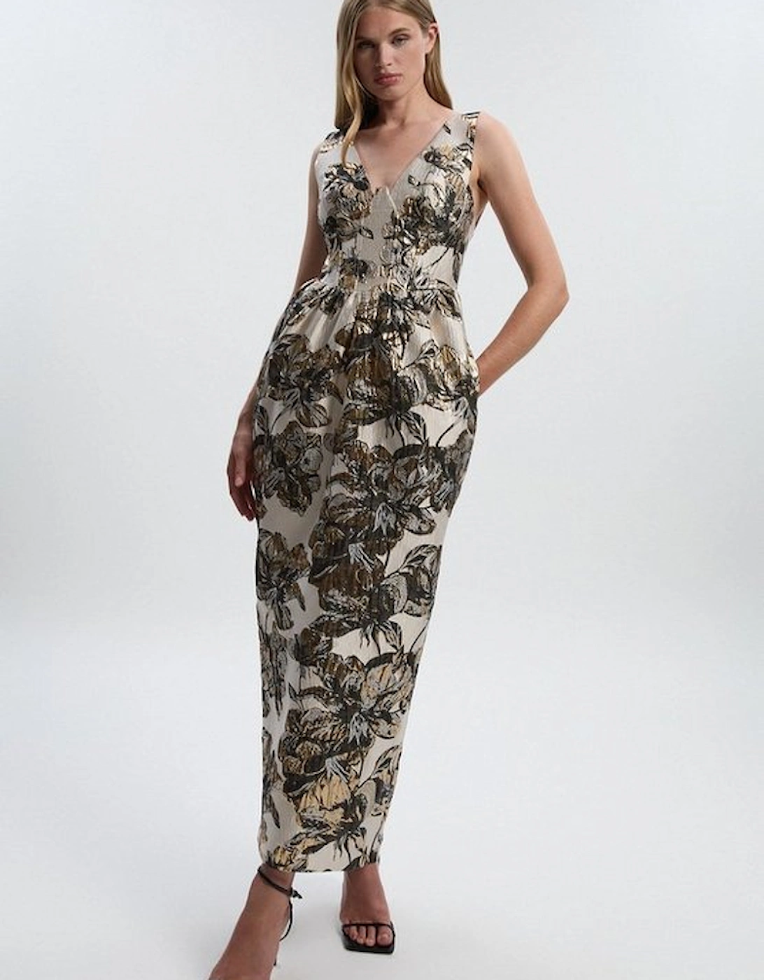 Floral Jacquard Plunge Corset Pencil Midi Dress, 2 of 1