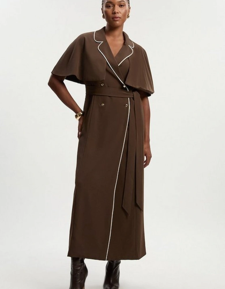 Plus Size Contrast Tipping Tie Waist Short Sleeve Woven Trench Midi Dress