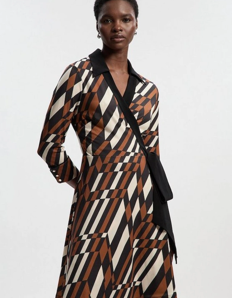 Geo Printed Jersey Crepe Tie Waist Midi Dress