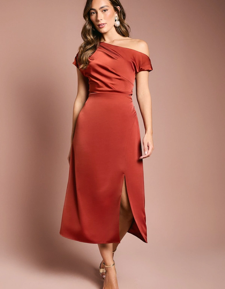 Off Shoulder Satin Side Tie Midi Dress