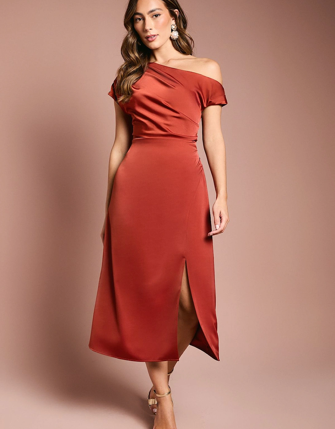 Off Shoulder Satin Side Tie Midi Dress, 2 of 1