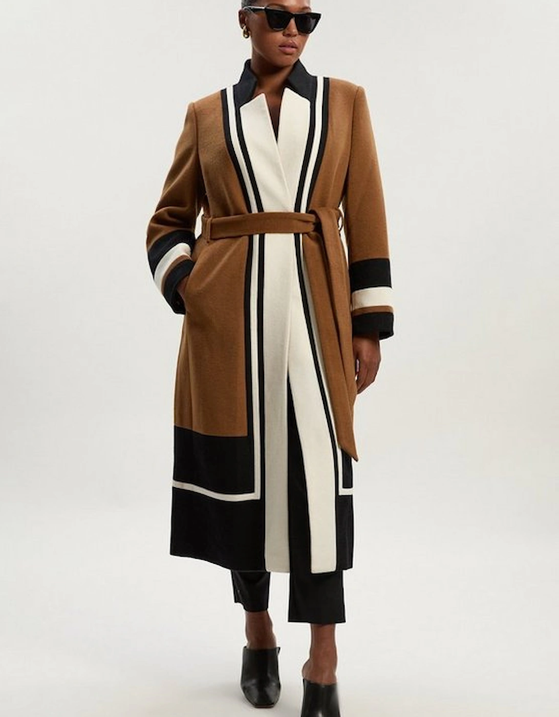 Plus Size Wool Colour Block Tailored Belted Midi Coat, 2 of 1