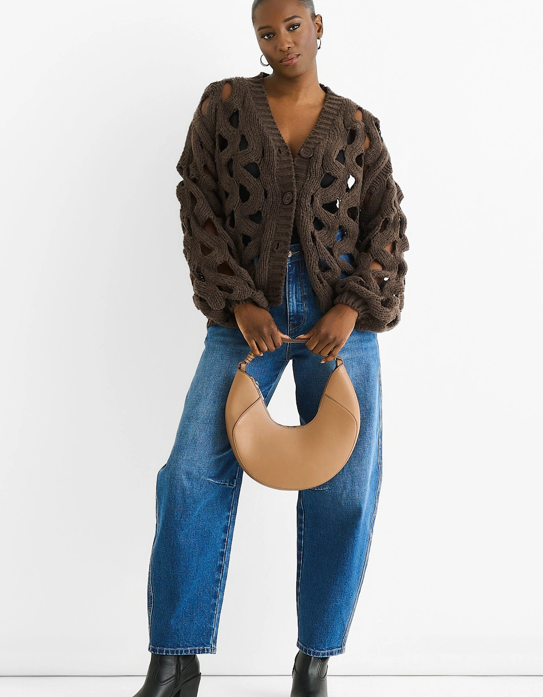 Gini London Women's Brown Chocolate Hollow Chunky Knit Cardigan - : 8/10 Size 8