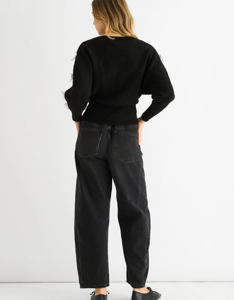 Black Slash Neck Crop Bow Knit Jumper