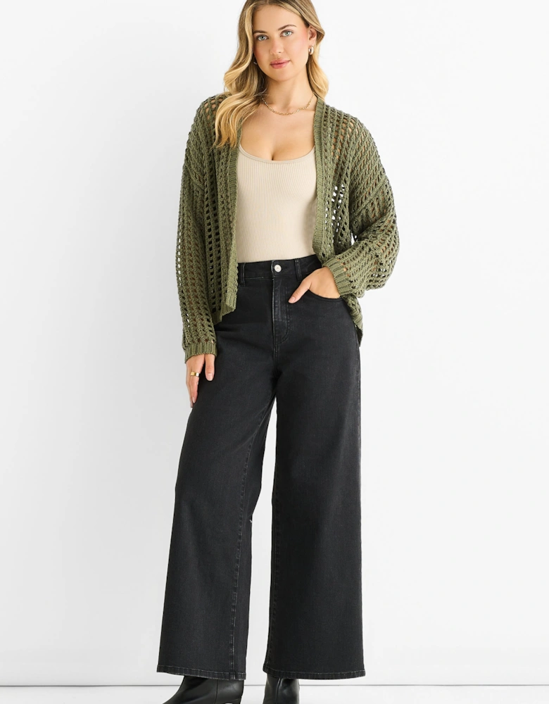 Khaki Open Knit Edge to Edge Cardigan
