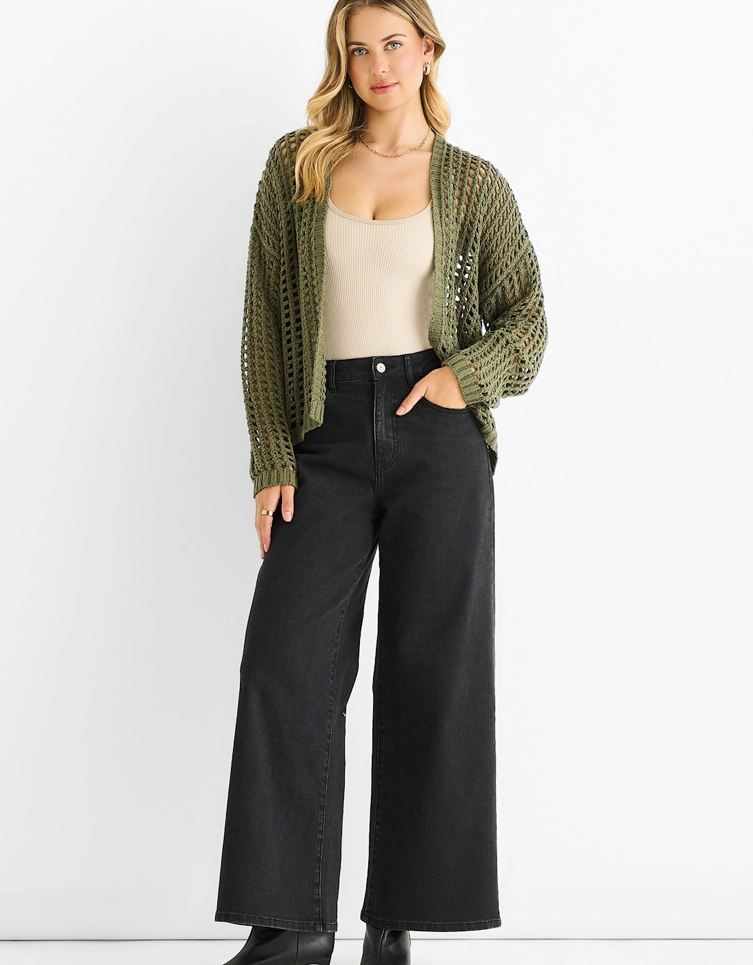 Gini London Women's Khaki Open Knit Edge To Edge Cardigan - : 8/10 Size 8