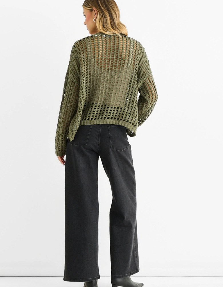 Khaki Open Knit Edge to Edge Cardigan