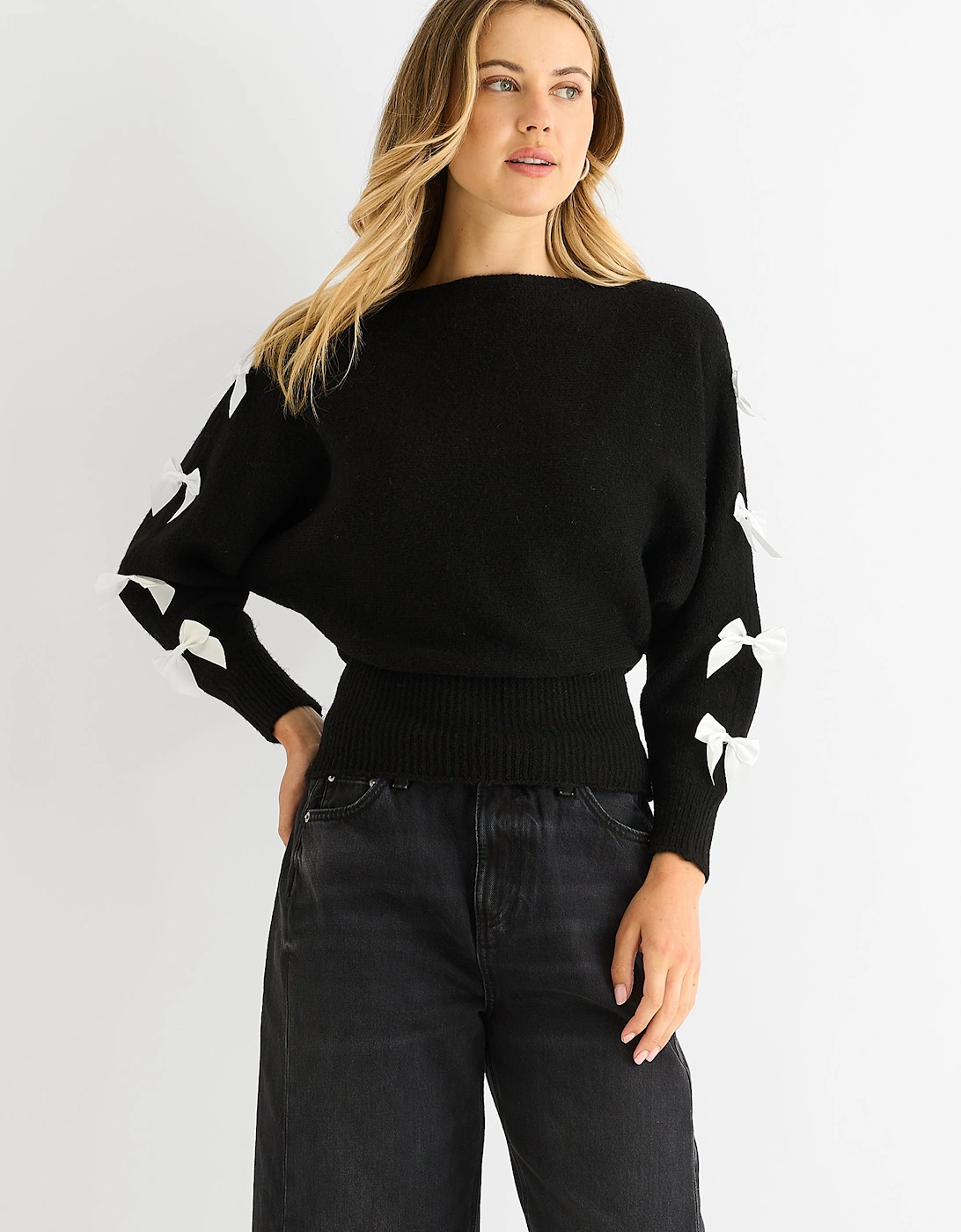 Black Slash Neck Crop Bow Knit Jumper