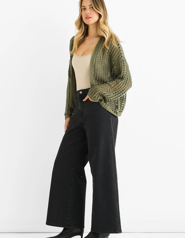Khaki Open Knit Edge to Edge Cardigan