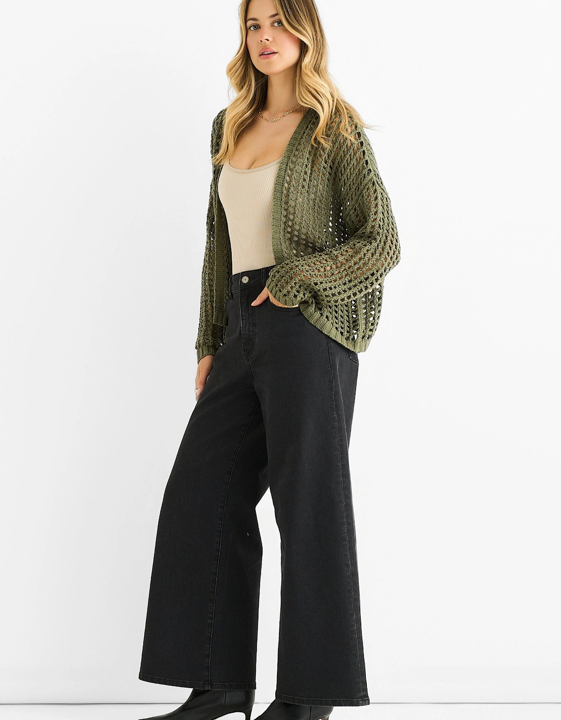 Khaki Open Knit Edge to Edge Cardigan