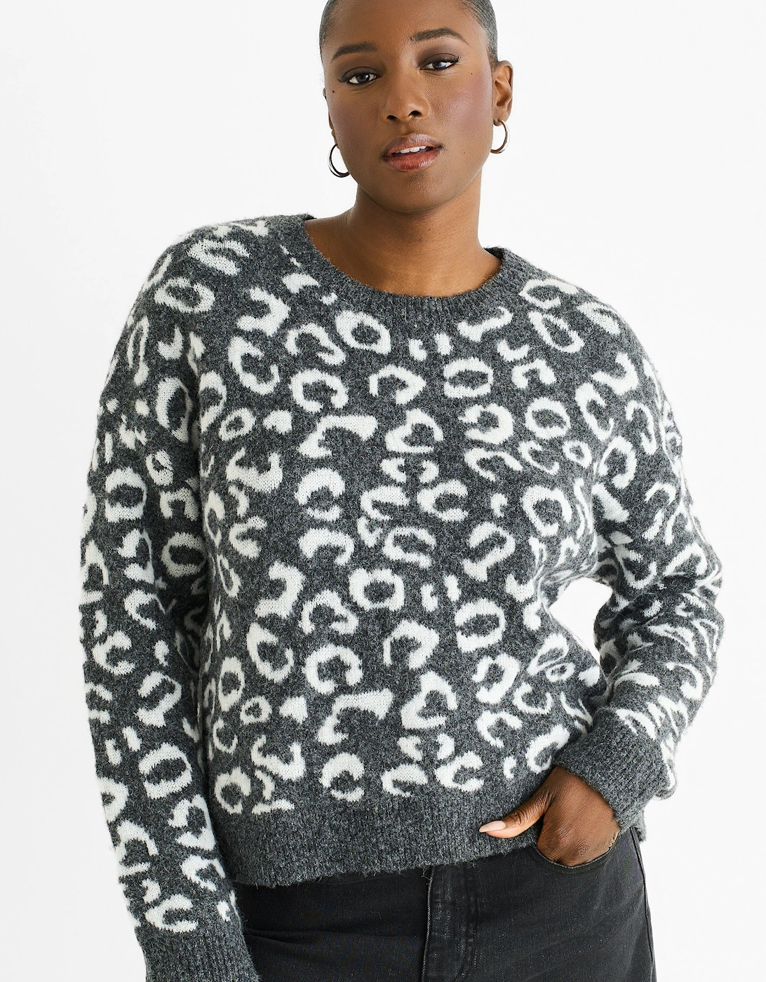 Gini London Women's Grey Animal Pattern Loose Fit Knit Jumper - Size: 8/10