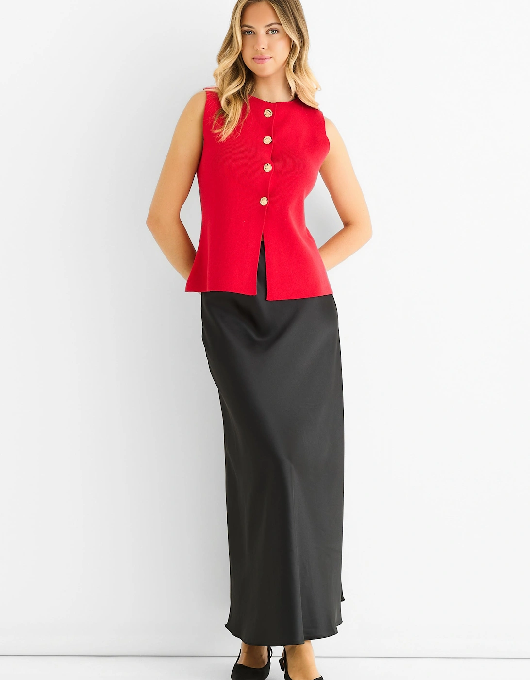 Cherry Red Button Front Compact Knit Waistcoat, 5 of 4