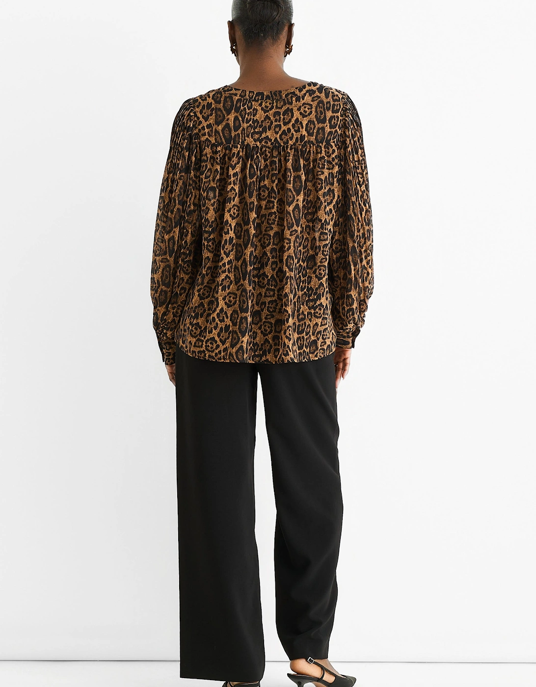 Brown Chiffon Animal Print Pleated Shift Shirt Blouse