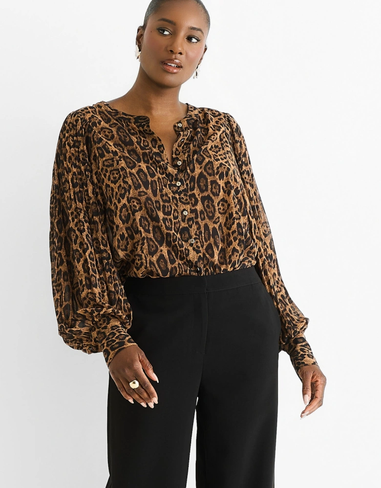 Brown Chiffon Animal Print Pleated Shift Shirt Blouse