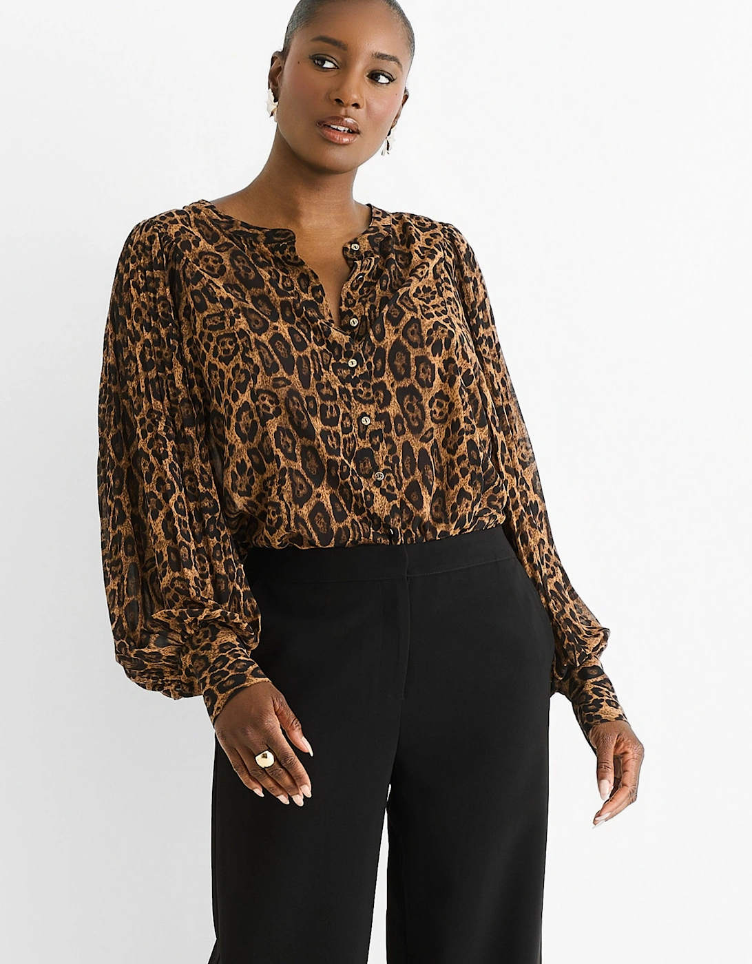 Brown Chiffon Animal Print Pleated Shift Shirt Blouse