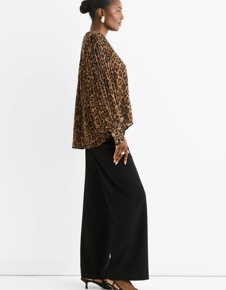 Brown Chiffon Animal Print Pleated Shift Shirt Blouse