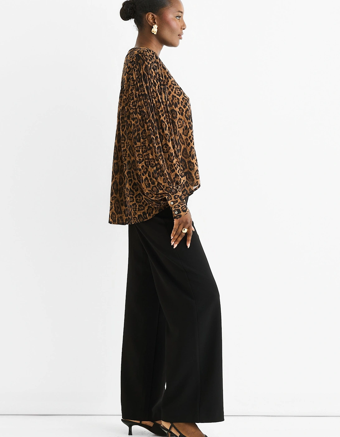 Brown Chiffon Animal Print Pleated Shift Shirt Blouse