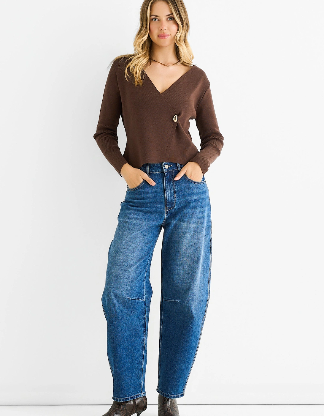 Gini London Women's Chocolate Button Wrap Compact Knit Cardigan - Brown - Size: 12/14