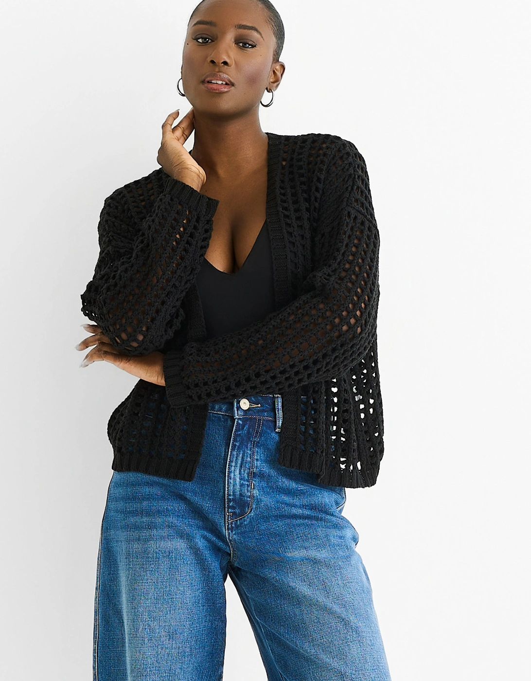 Gini London Women's Black Open Knit Edge To Edge Cardigan - Size 10/12