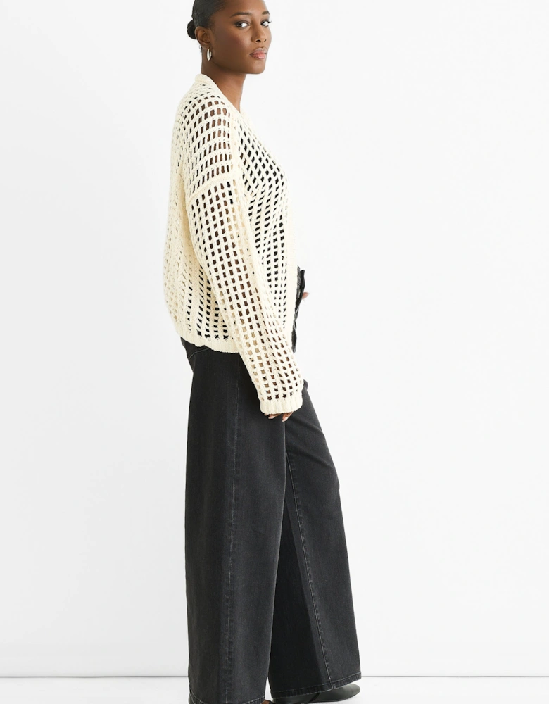 Cream Open Knit Edge to Edge Cardigan