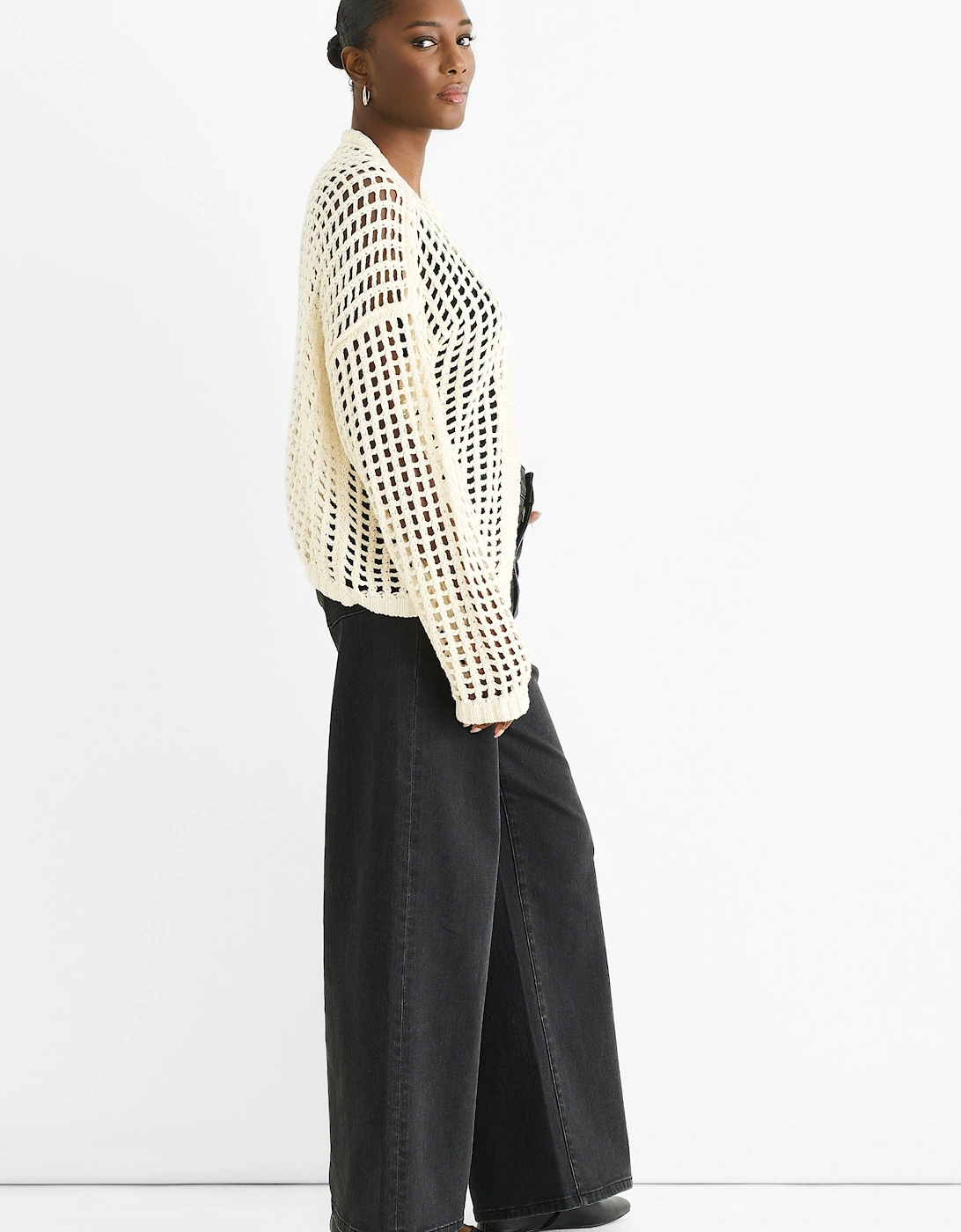 Cream Open Knit Edge to Edge Cardigan