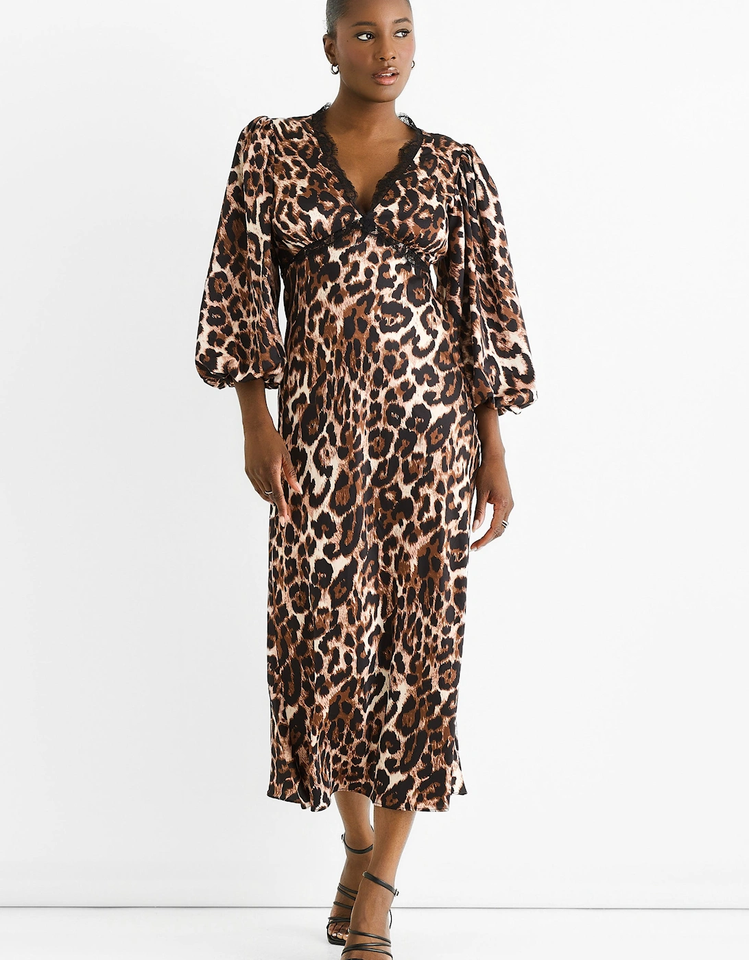 Brown Animal Lace Trim Satin Bias Midi Dress, 5 of 4