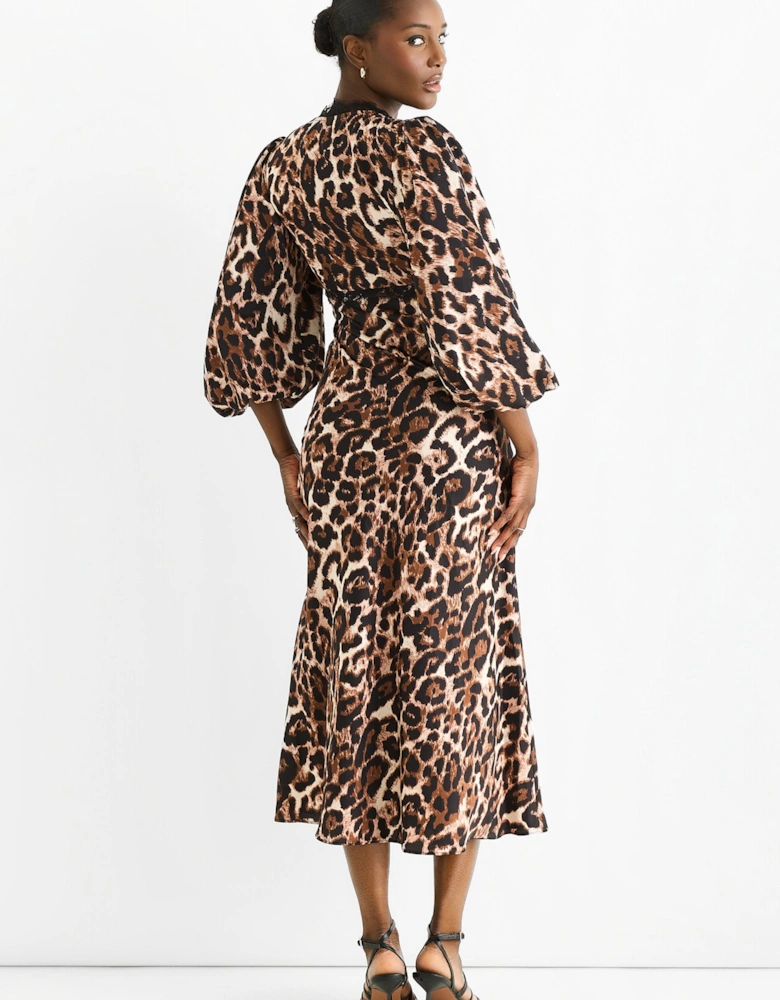 Brown Animal Lace Trim Satin Bias Midi Dress